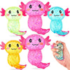 A collection of five squishy axolotl stress relief fidget toys in various shades of pink and light blue.