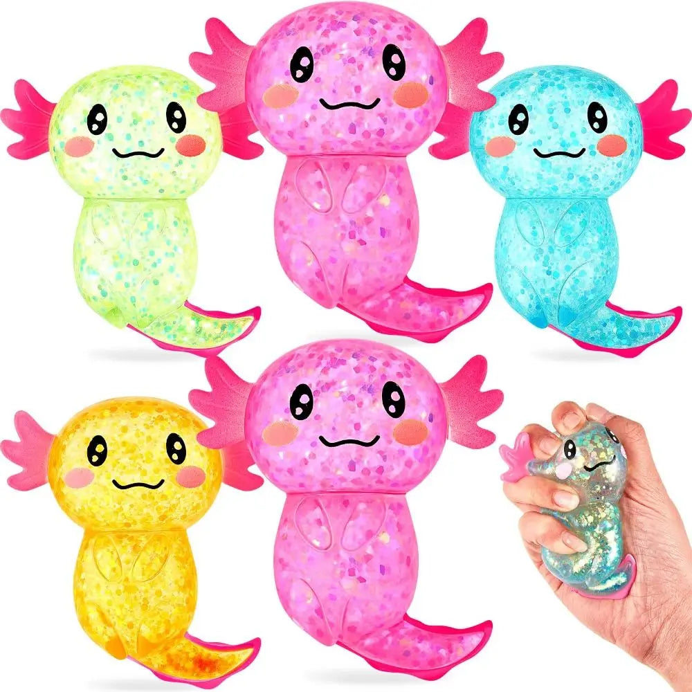A collection of five squishy axolotl stress relief fidget toys in various shades of pink and light blue.