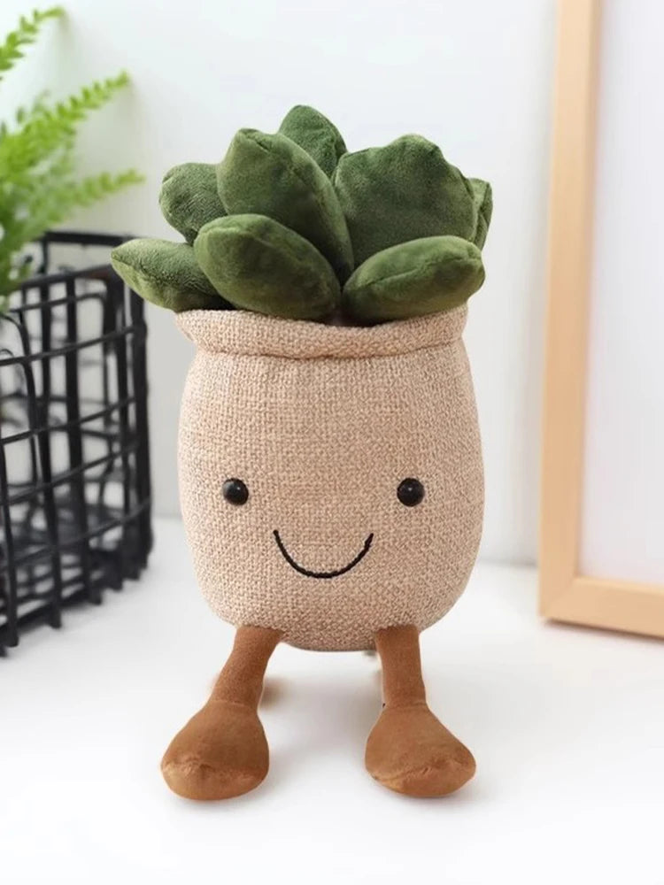 A cute plush stuffed toy resembling a tulip succulent with green leaves and brown stems.