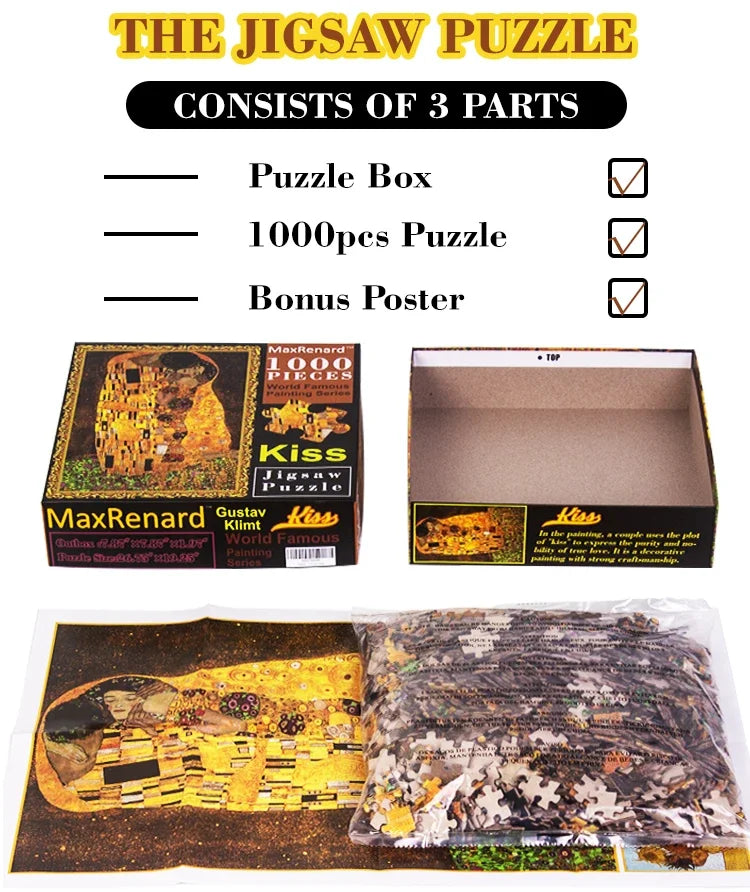 A jigsaw puzzle consists of three parts: a puzzle box, a 1000 pieces puzzle, and a bonus poster.