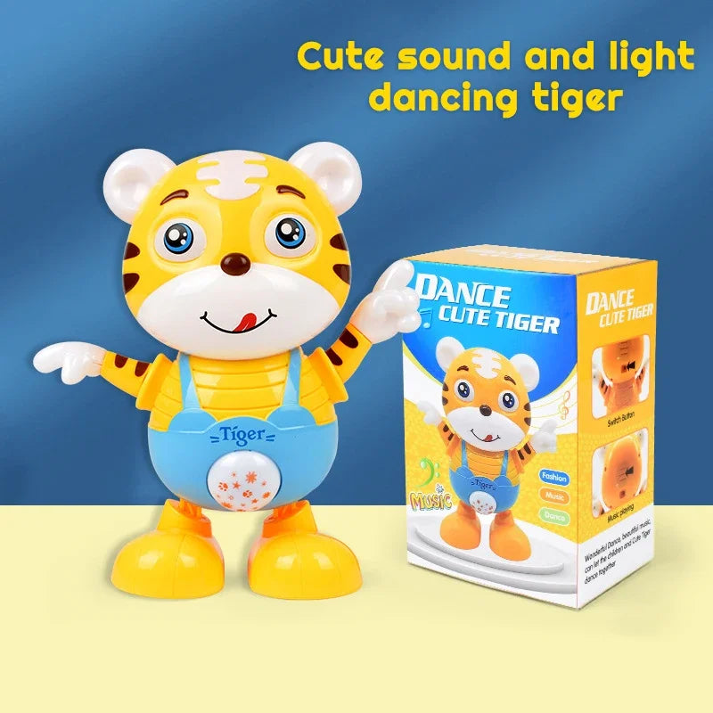 A cute dancing tiger toy with yellow fur and orange accents standing next to its packaging box.