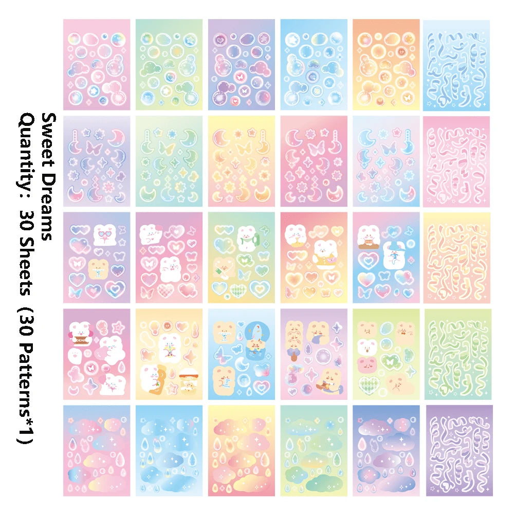 A grid of 30 pastel fantasy aesthetic stickers featuring various cute creatures and magical elements for journaling.