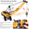 A yellow diecast crane controls the height of a boom or hook by rotating the twist.