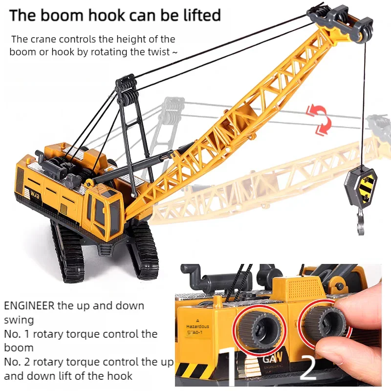 A yellow diecast crane controls the height of a boom or hook by rotating the twist.