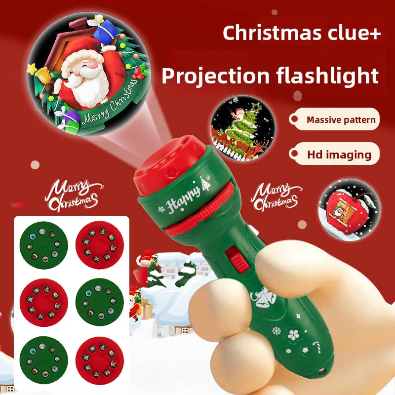 A hand holds a green projection flashlight with a Christmas theme, showing various patterns and an image of Santa.