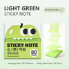 A box of light green sticky notes with a pull-through dispenser, showing the size and quantity.