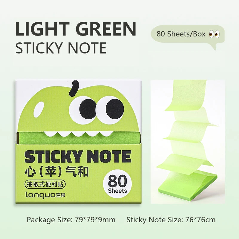A box of light green sticky notes with a pull-through dispenser, showing the size and quantity.