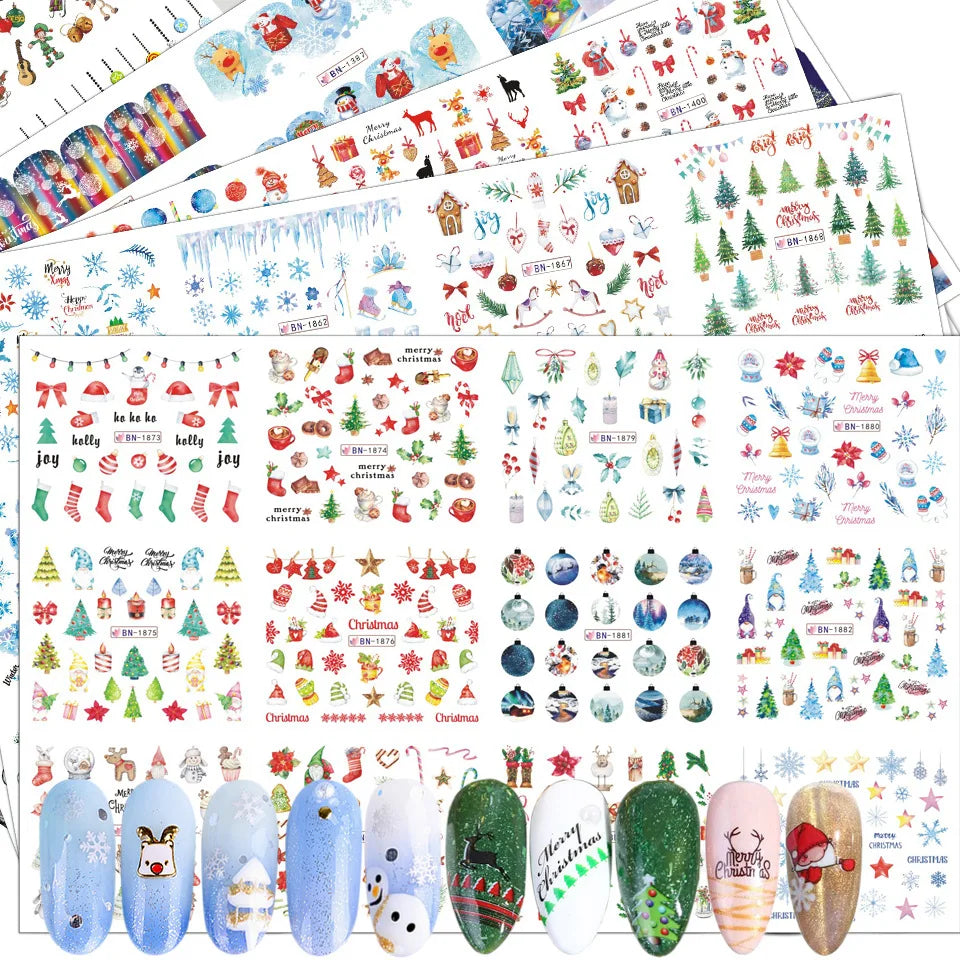 A collection of Christmas water transfer nail art stickers featuring festive designs, ornaments, and seasonal themes.