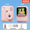 Pink instant print camera shown from the front and back, with accessories like a lanyard and USB cable.
