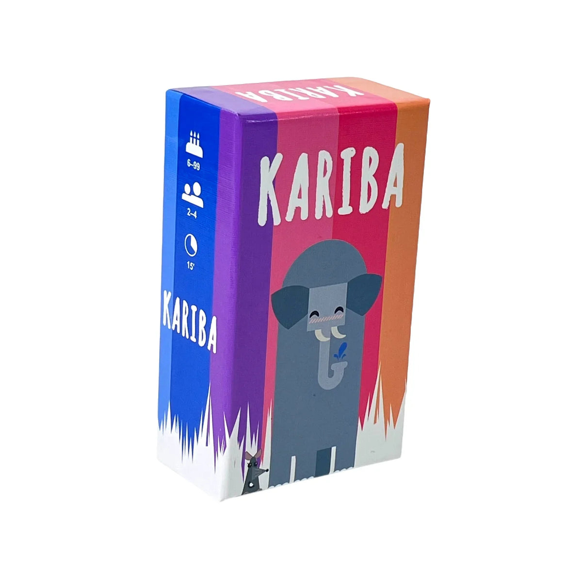 A box for the Kariba card game featuring a purple and orange design with a stylized elephant character.