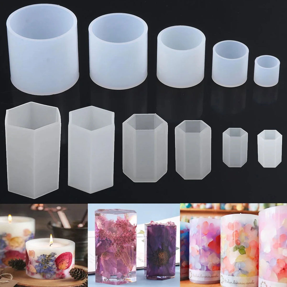 A collection of white geometric resin casting molds in various sizes and shapes for DIY jewelry and crafts.
