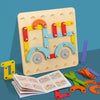 A wooden Montessori pegboard puzzle set with colorful wooden pegs and a small wooden puzzle piece displayed on a blue backgro