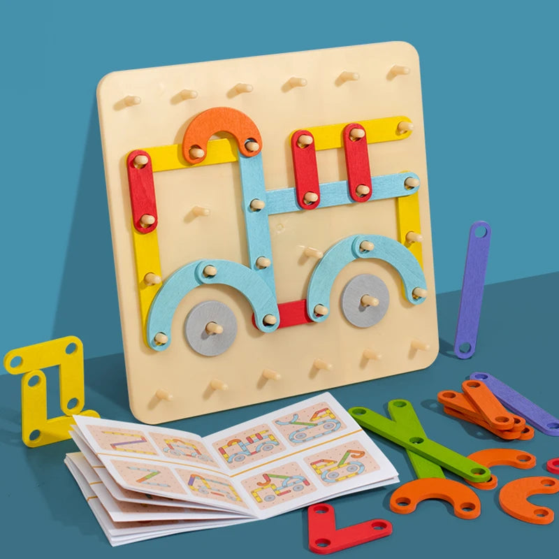 A wooden Montessori pegboard puzzle set with colorful wooden pegs and a small wooden puzzle piece displayed on a blue backgro