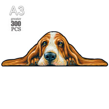A close-up illustration of a puppy dog face with brown and white fur, used as a jigsaw puzzle design.