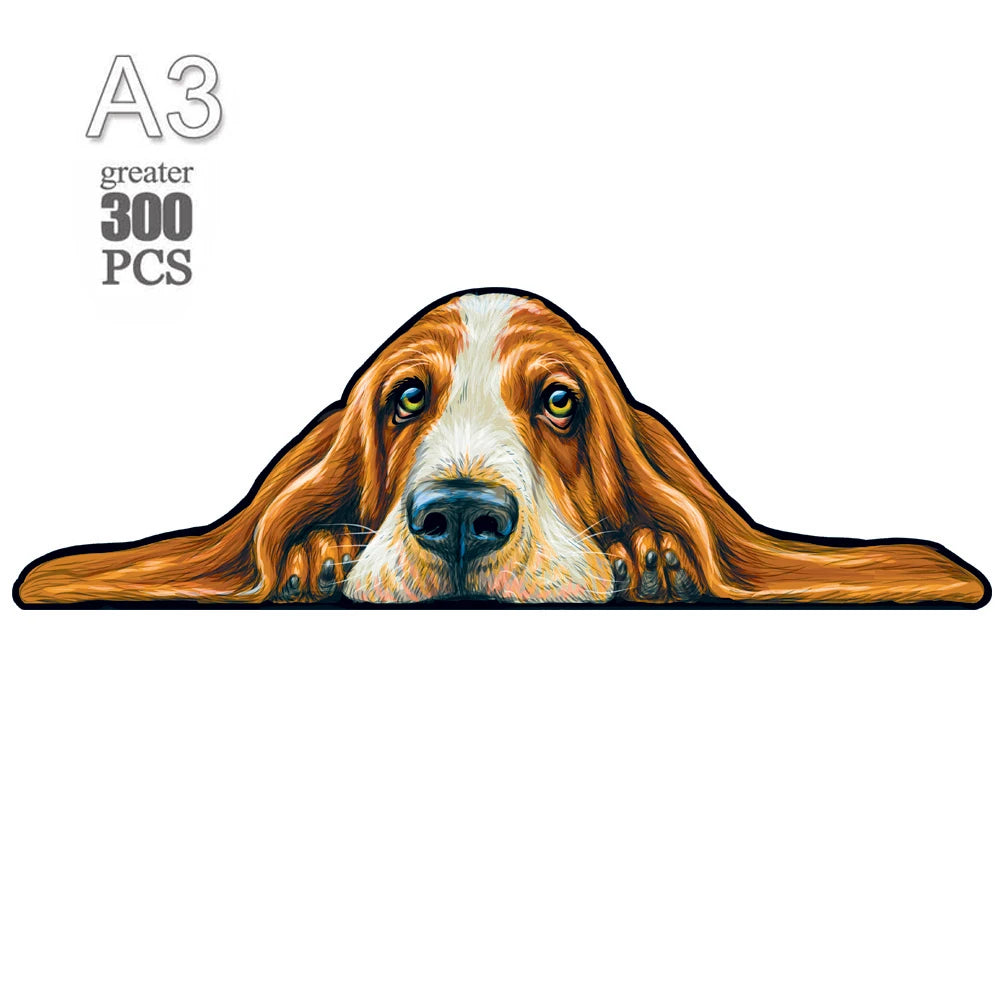 A close-up illustration of a puppy dog face with brown and white fur, used as a jigsaw puzzle design.