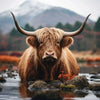 A Highland cow with large horns stands in water against a blurred mountain and forest background.