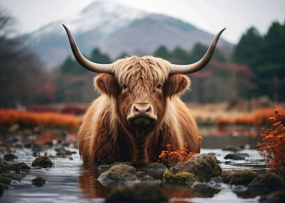 A Highland cow with large horns stands in water against a blurred mountain and forest background.