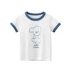 White short-sleeve cotton t-shirt with a blue collar and a light blue drawing of a fluffy dog.