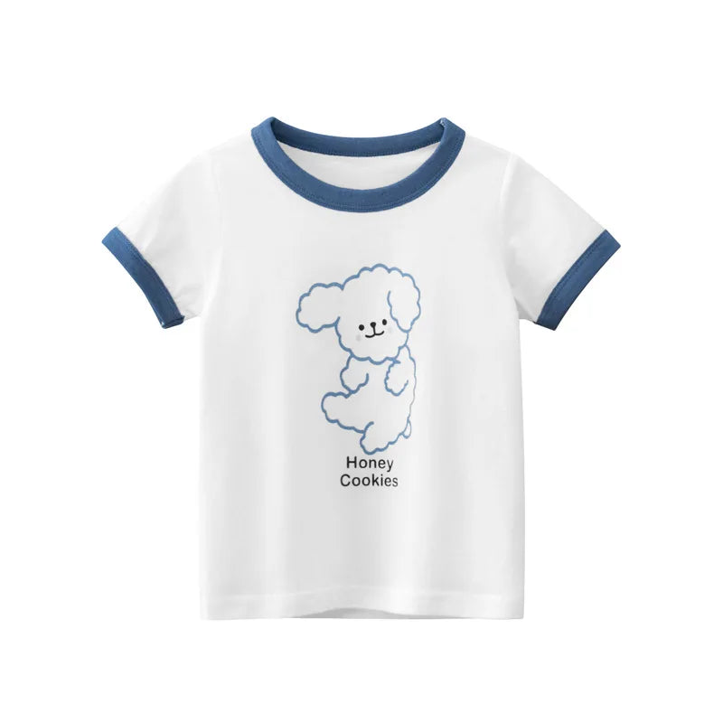 White short-sleeve cotton t-shirt with a blue collar and a light blue drawing of a fluffy dog.