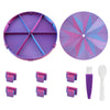 A rotating diamond painting storage tray organizer shown in purple and blue, with various storage trays and tools.