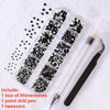 A box of rhinestones, a point drill pen, and tweezers are displayed on a white background.