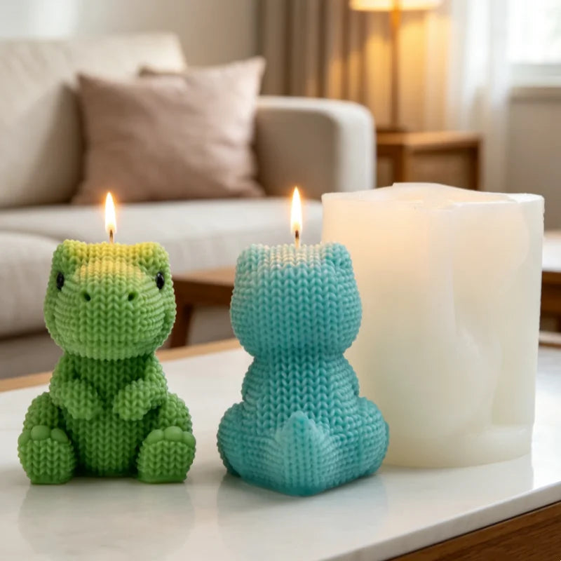 3D Knitted Dinosaur Silicone Candle Mold – Cute Sitting Dino Design for DIY Crafts
