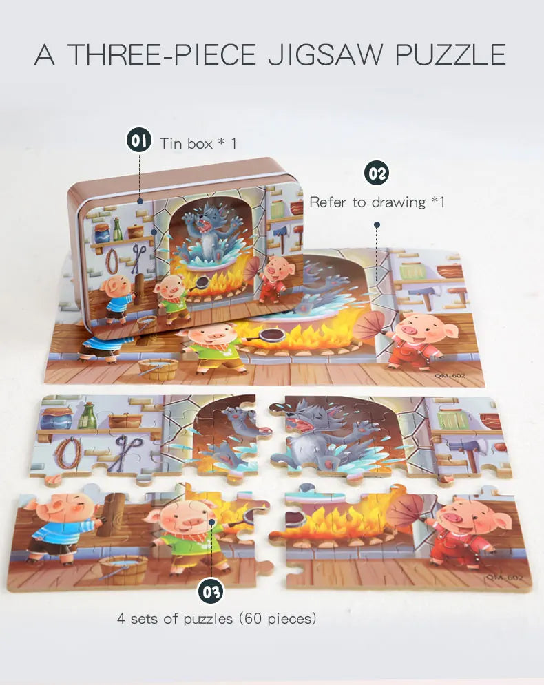 A three-piece jigsaw puzzle set featuring wooden animals and vehicles for kids