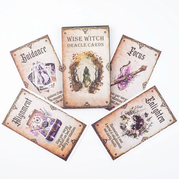 Fünf tarotartige Orakelkarten: Führung, Weise Hexe, Fokus, Ausrichtung und Erleuchtung.