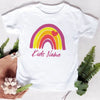 White t-shirt featuring a rainbow arch design in pink, yellow, and red, with the text Kids Name printed below.