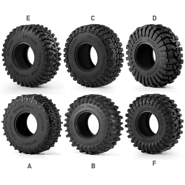 A set of six black mud terrain tires for an RC crawler, labeled A through F.