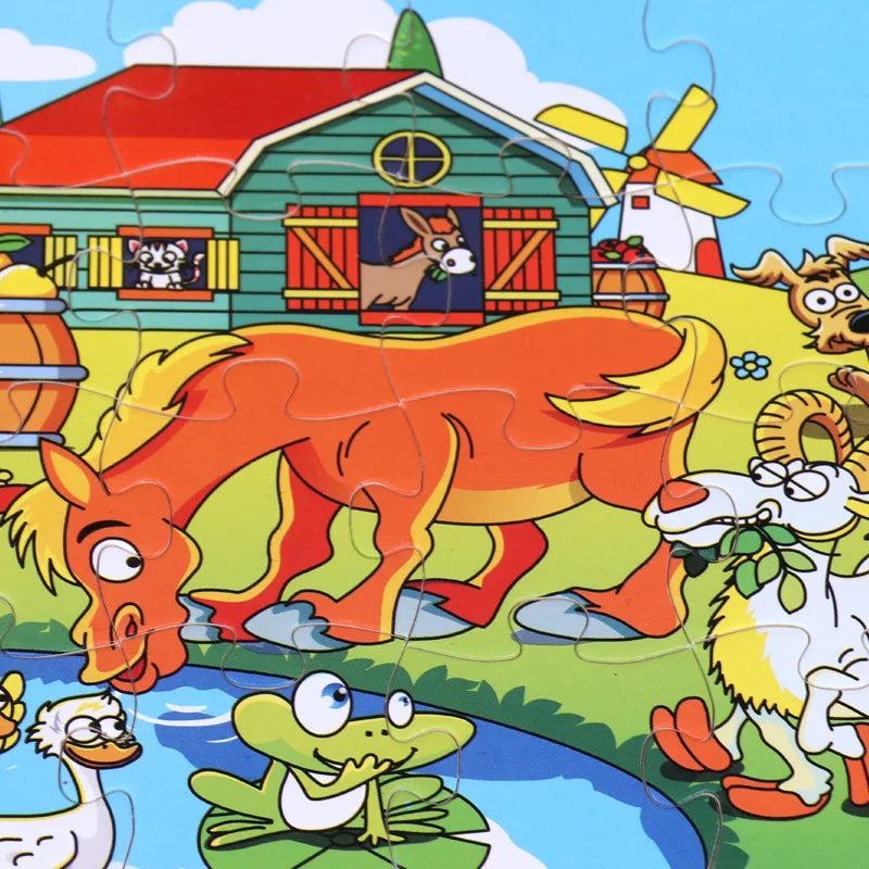 A colorful jigsaw puzzle featuring various wooden animals like a horse, a dog, and a duck in a farm scene.