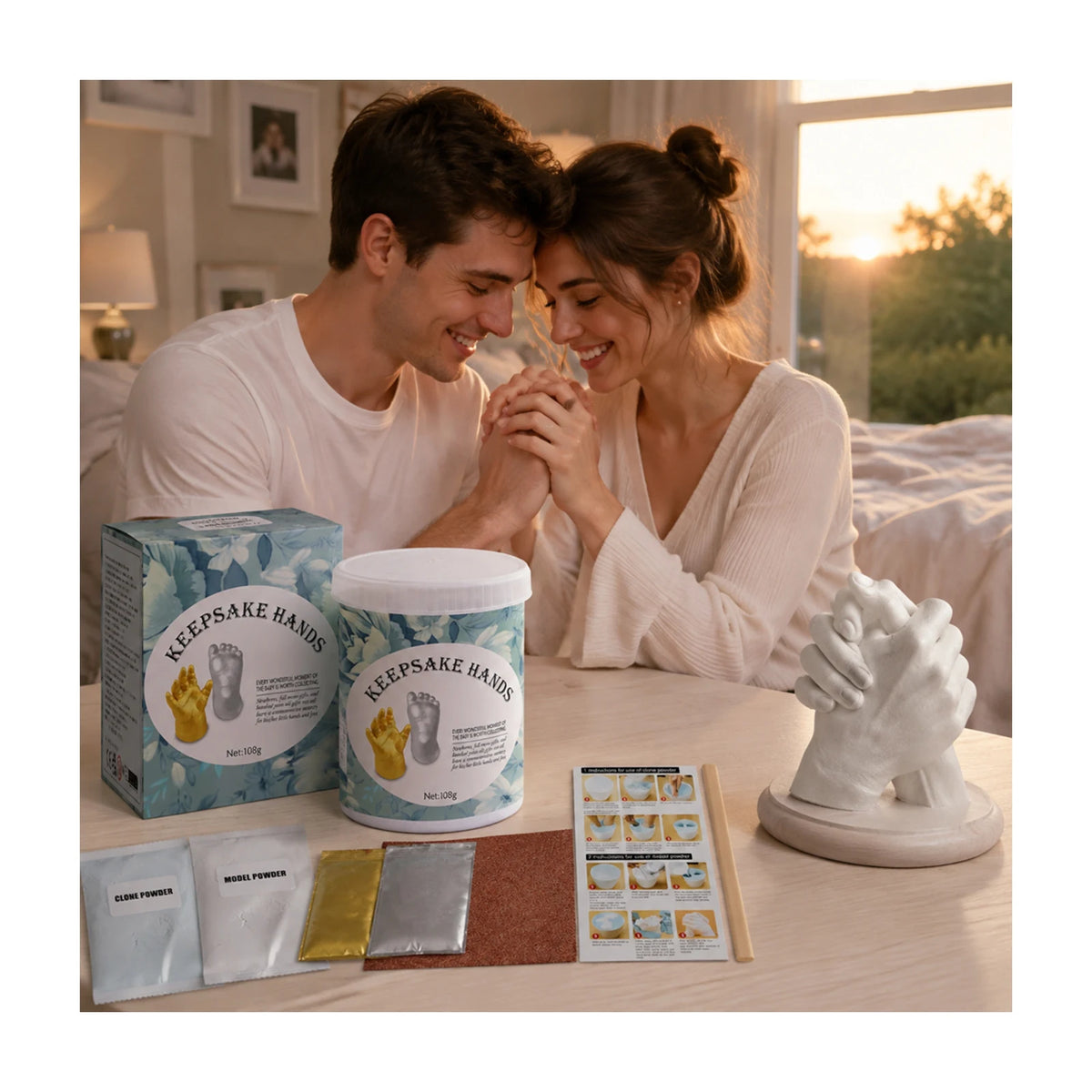 A couple is using a keepsake hands kit to make a mold for their footprints or keepsakes.