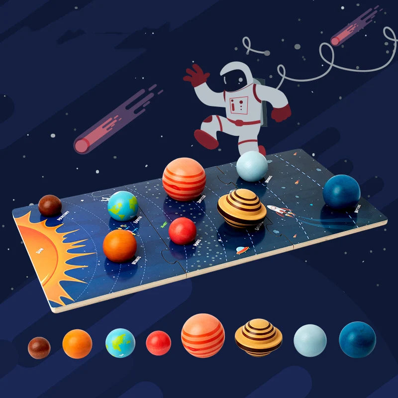 A wooden solar system puzzle featuring eight planets, including the sun, arranged on a dark blue background.