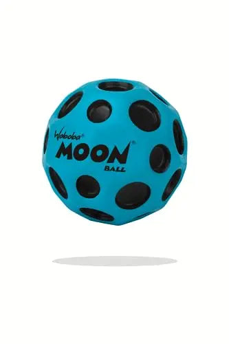 A bright blue foam ball with black polka dots, the Original Moon Ball.
