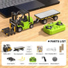 A green 1:64 remote control crane and forklift set with a trailer, along with various accessories and parts.