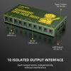 A green portable rechargeable guitar pedal power supply featuring ten isolated DC output ports.