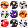 A collection of seven glossy, round squishy stress balls featuring Halloween themes like pumpkins, ghosts, skulls, and bats i