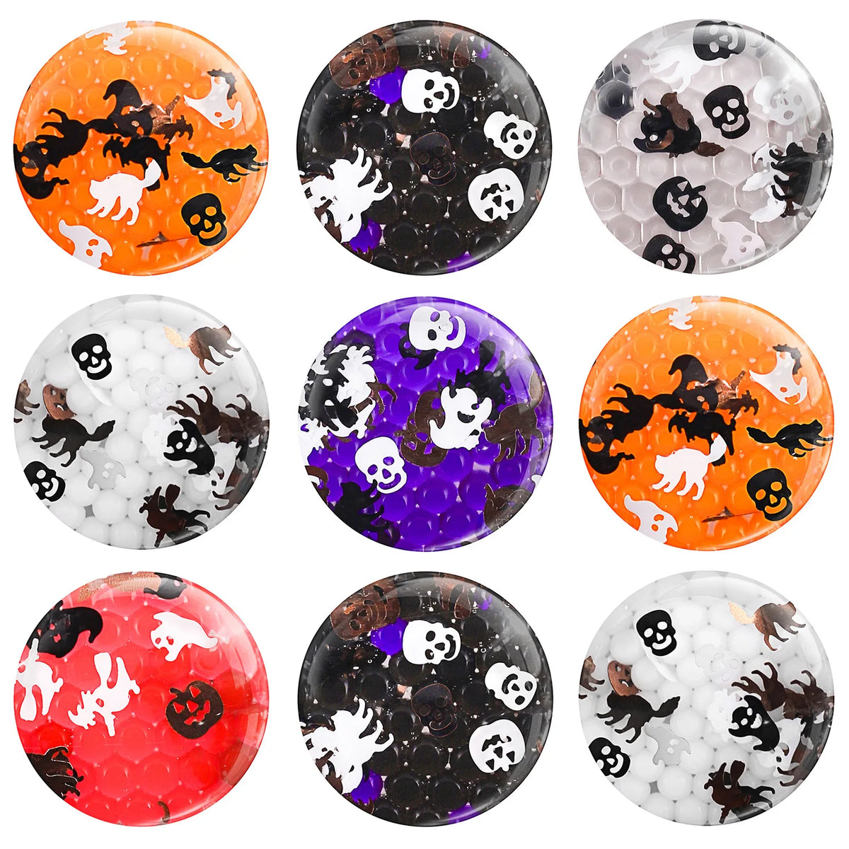 A collection of seven glossy, round squishy stress balls featuring Halloween themes like pumpkins, ghosts, skulls, and bats i
