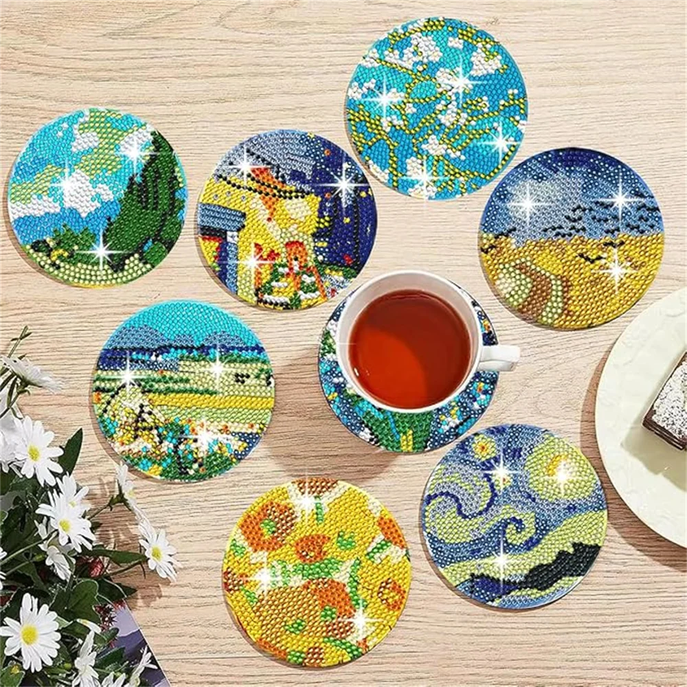 Van Gogh Starry Night Diamond Painting Coaster Kit with Metal Holder