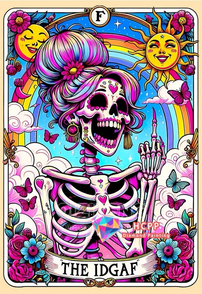 Diamond painting kit featuring a colorful tarot skull woman design with vibrant colors and floral elements.
