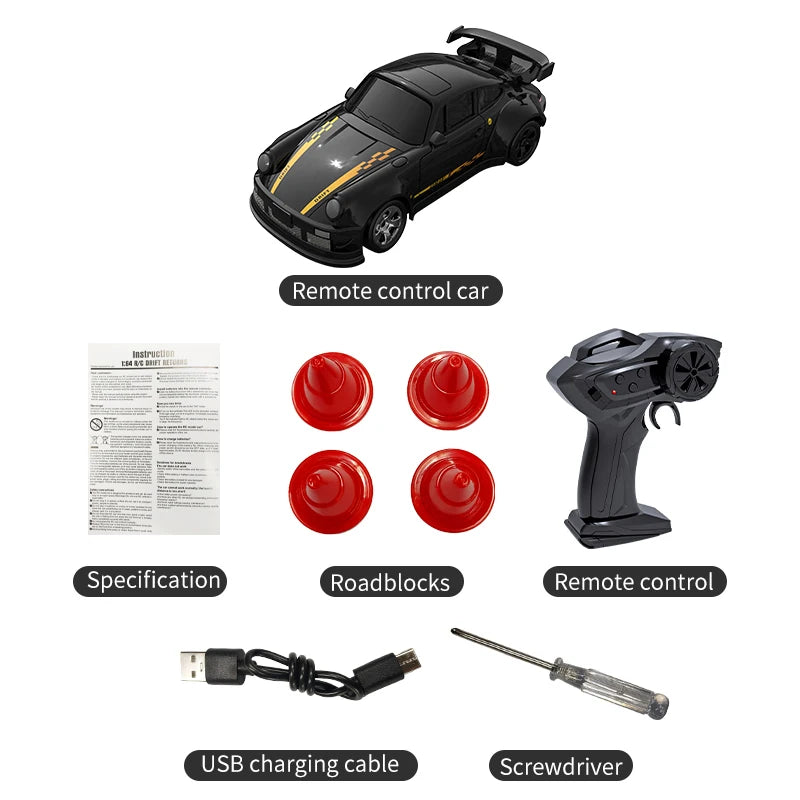 A black 1:64 scale remote control drift car with a battery and accessories.
