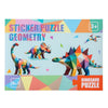 A colorful sticker puzzle featuring dinosaurs and geometric shapes for kids