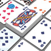 A stack of classic joker poker playing cards featuring colorful designs and patterns.