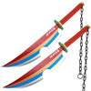 A red and blue katana with a bamboo-themed scabbard and chain, displayed diagonally.