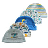 A collection of colorful knit baby hats featuring cute cartoon animals and space themes.