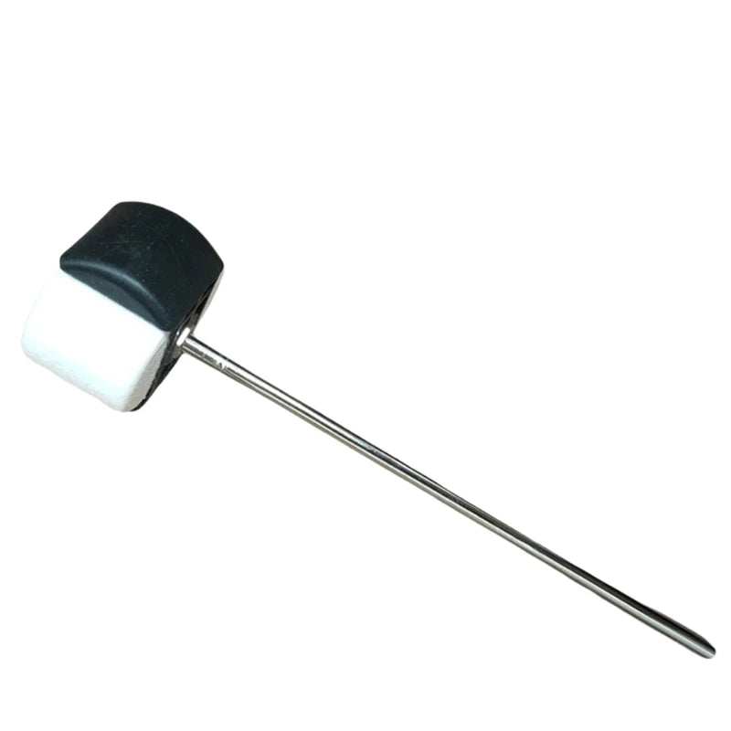 A black and white dual-sided bass drum pedal beater with felt and rubber heads.
