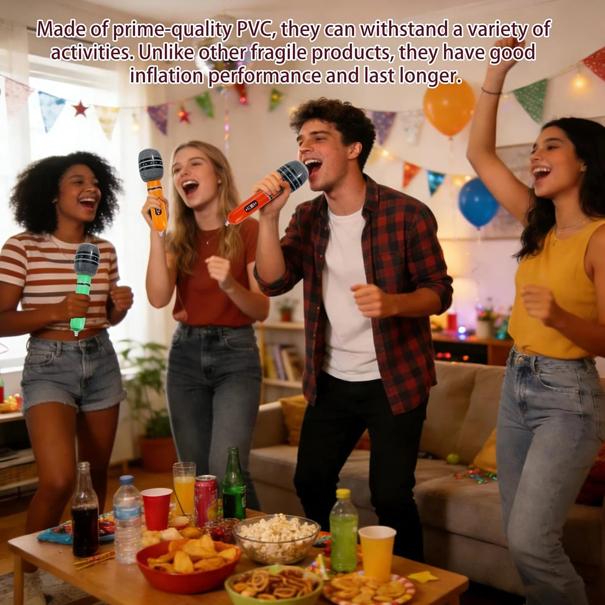 Four young adults are enthusiastically using inflatable microphones in a lively party setting.