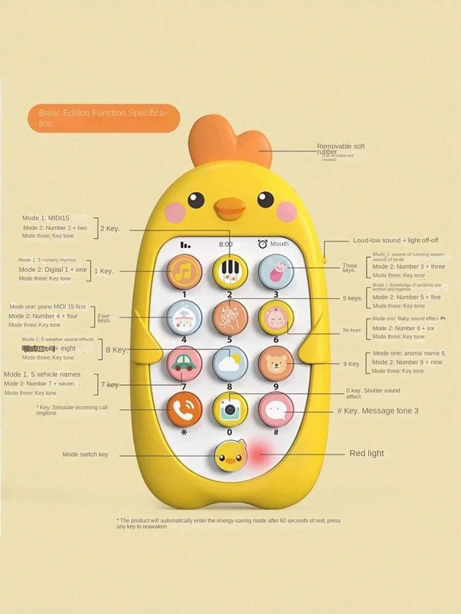 A yellow interactive chicken music and puzzle toy with buttons and a red light.