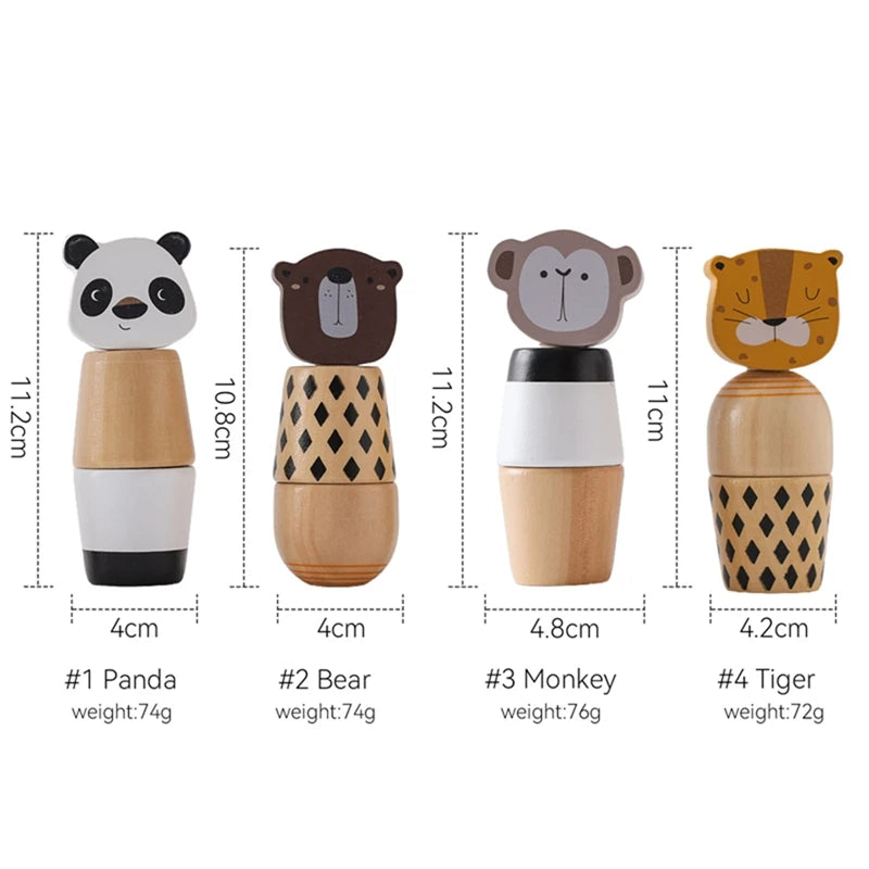 Four wooden animal puzzle toys featuring panda, bear, monkey, and tiger faces for babies and toddlers