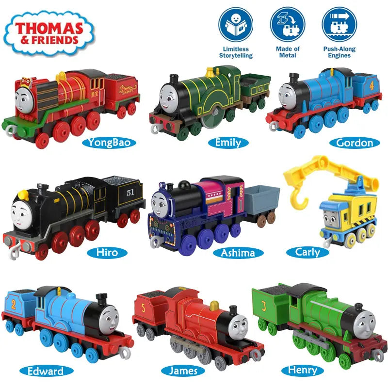 A collection of Thomas & Friends diecast train characters including engines like Gordon, Emily, and Edward.